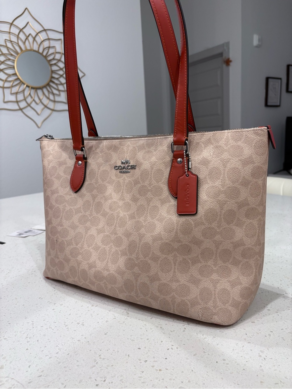 Coach Beige Logo Tote with Red Leather Straps